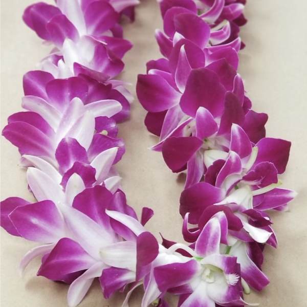 Two purple and white orchid leis laid on a neutral surface