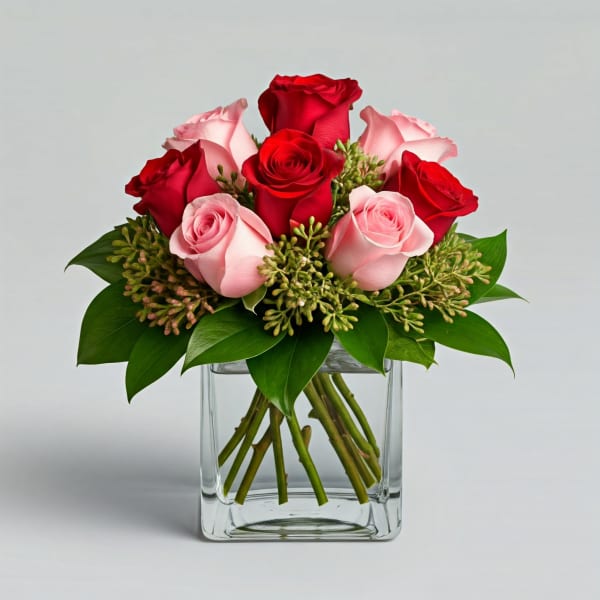 Red and pink roses arranged in a clear glass vase