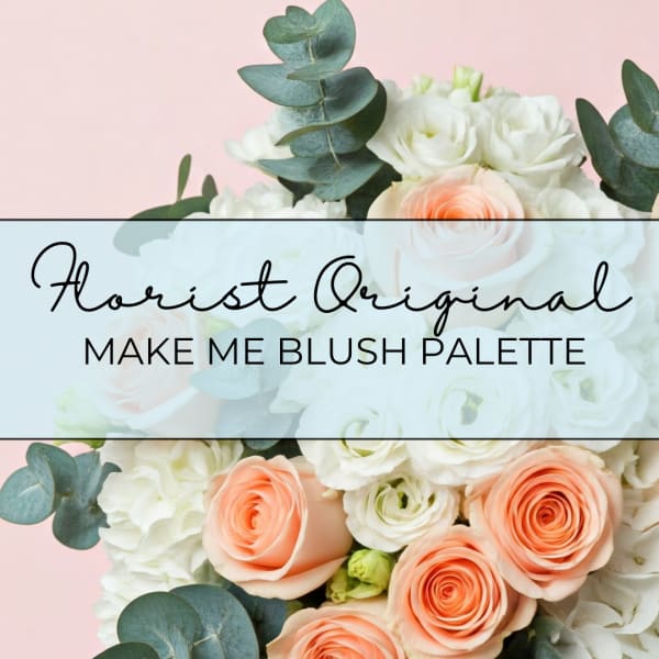 Blush and white roses with eucalyptus on a pink background