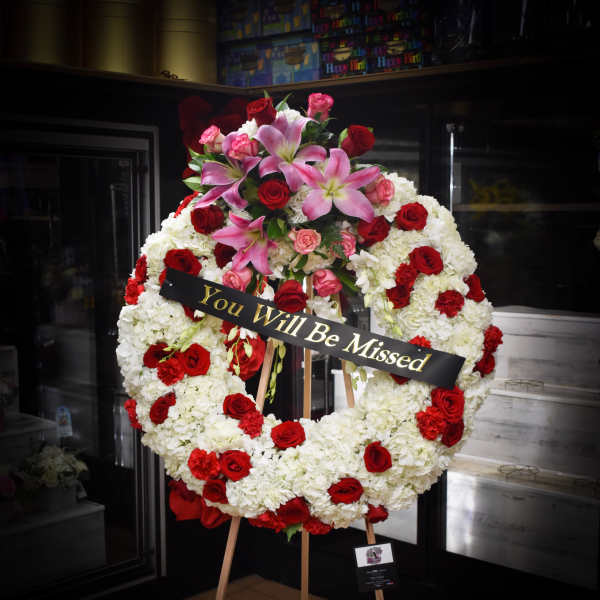 Sympathy wreath red and white flowers