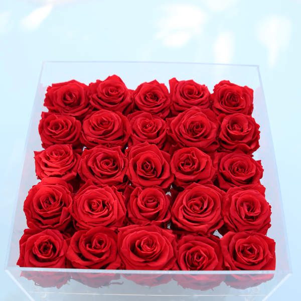 Box of red roses in a clear square container