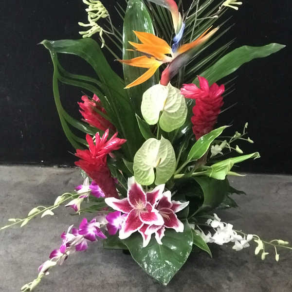 Tropical arrangement with bird of paradise, orchids, and anthuriums