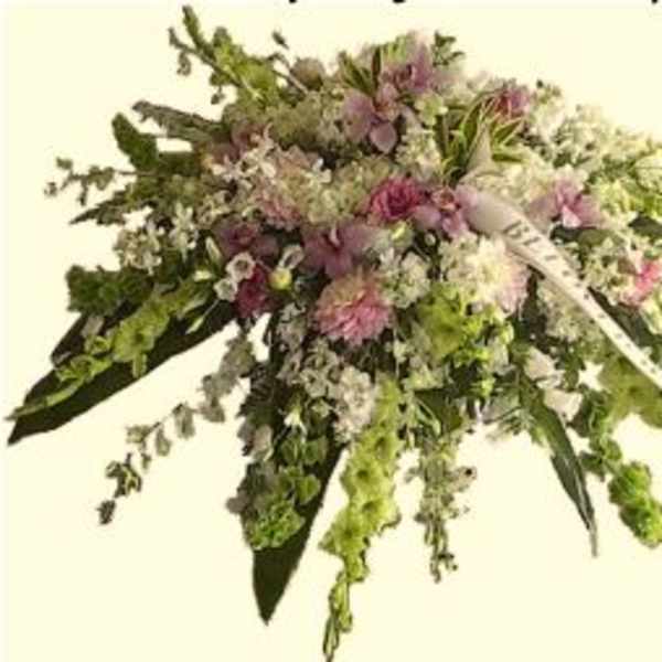 Large cascading floral spray with pink and white blooms
