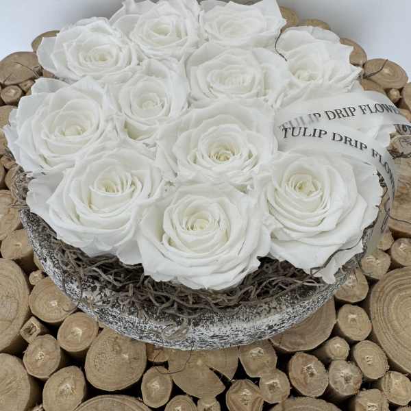 White roses arranged in a round decorative box