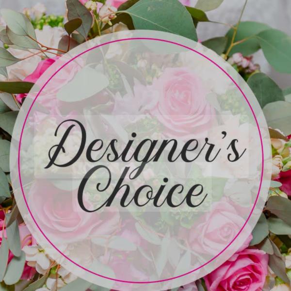 Pink rose bouquet with eucalyptus and a Designer's Choice label