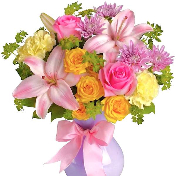 Pink and yellow mixed bouquet in a lavender vase with a pink ribbon