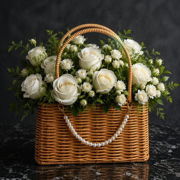 White roses arranged in a wicker basket with a pearl handle accent