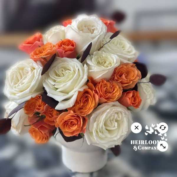 Bouquet of white and orange roses in a white vase