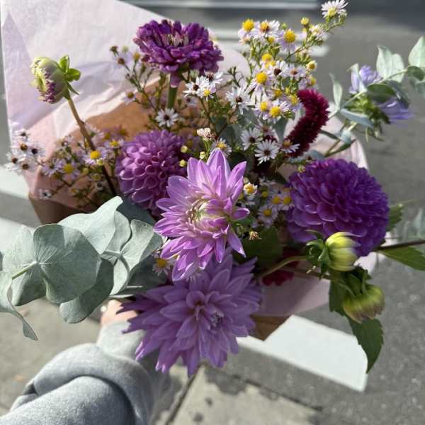 Handheld bouquet of purple flowers with small white daisies
