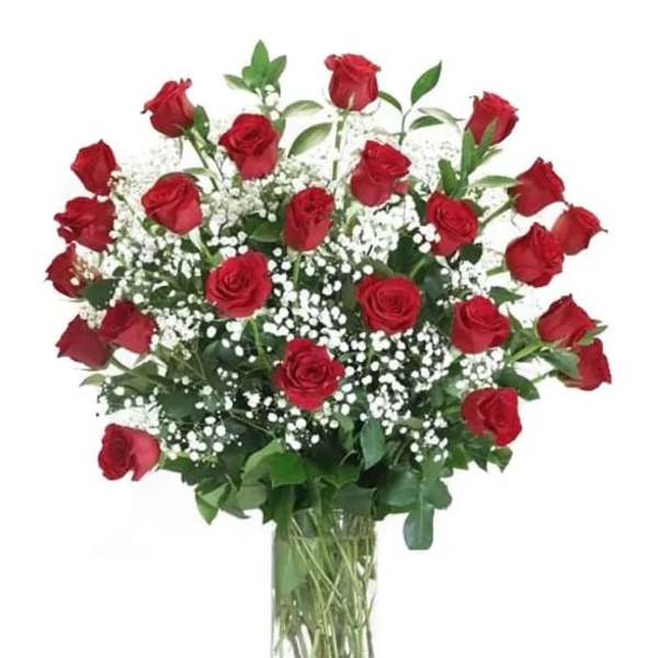 Red roses arranged in a clear glass vase with white filler flowers