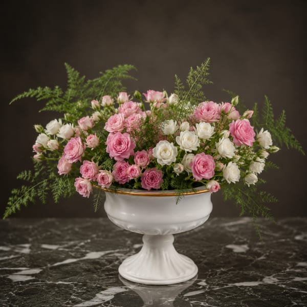 Pink and white spray roses in a white pedestal bowl