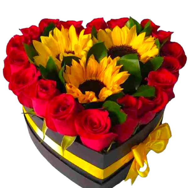 Heart-shaped box with red roses and yellow sunflowers