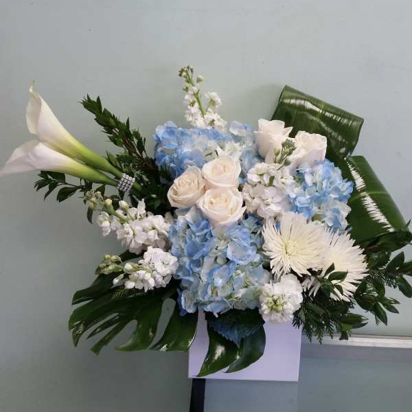 Blue hydrangeas and white roses with calla lilies in a box arrangement