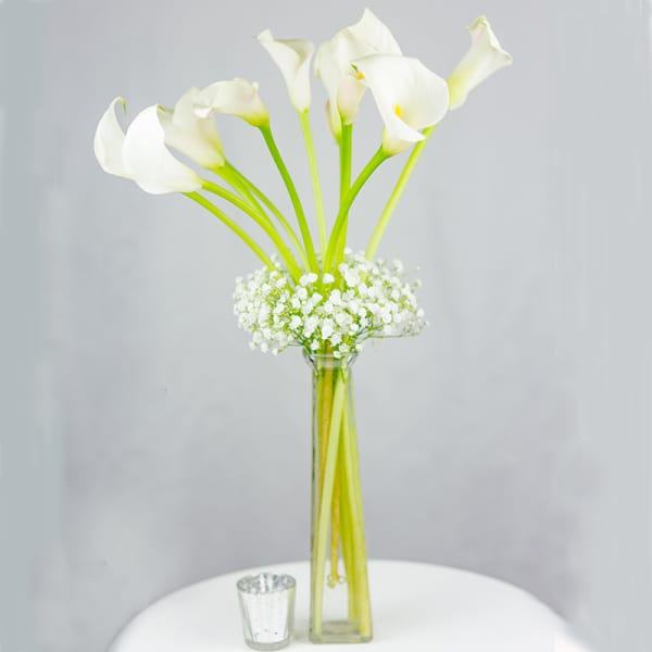 White calla lilies in a tall glass vase with baby's breath.
