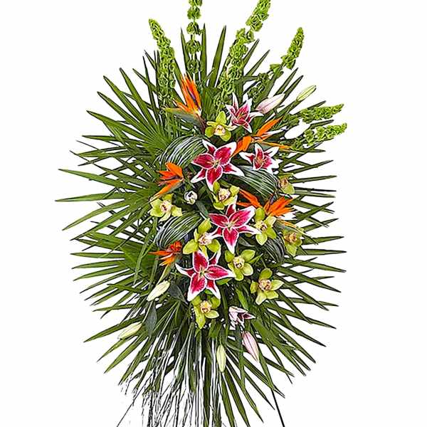 Tropical floral spray with pink orchids and orange bird-of-paradise flowers