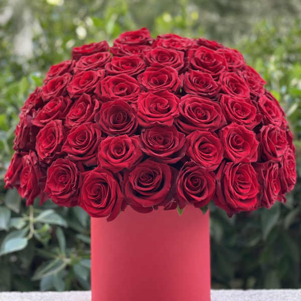 Round bouquet of red roses in a pink cylindrical box