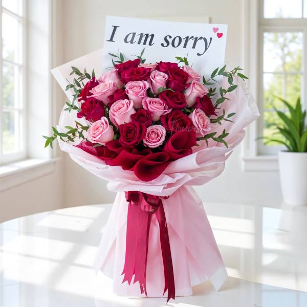 Bouquet of pink and red roses with an "I am sorry" card