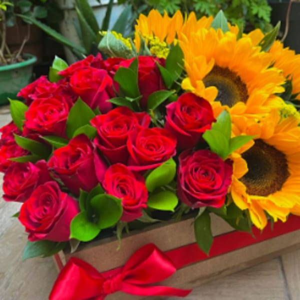 Boxed arrangement of red roses and yellow sunflowers with a red ribbon