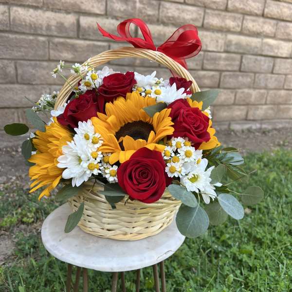 Sunflowers & Red Roses Basket