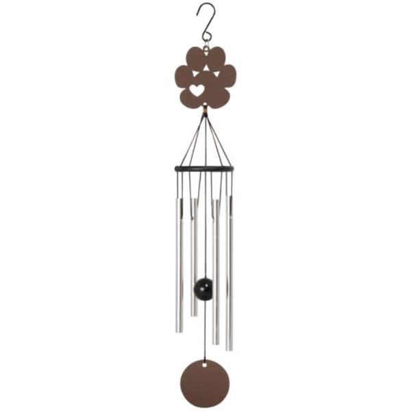 Brown hanging wind chime with metal tubes and a round clapper