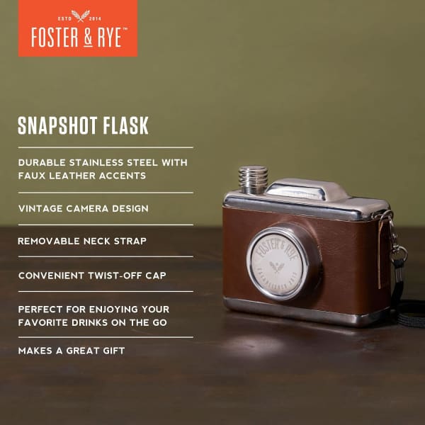 Camera-shaped stainless steel flask with brown faux leather accents