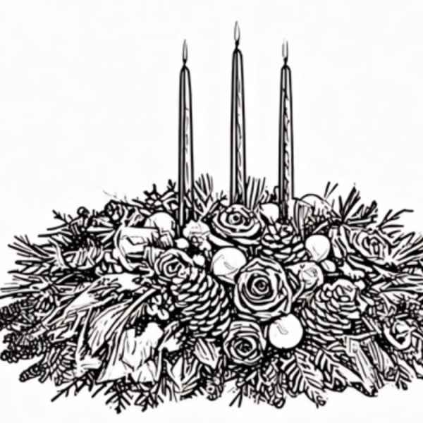 Black-and-white floral centerpiece with three tall candles