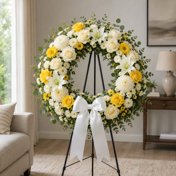 Yellow and white floral wreath on a black stand with a white bow
