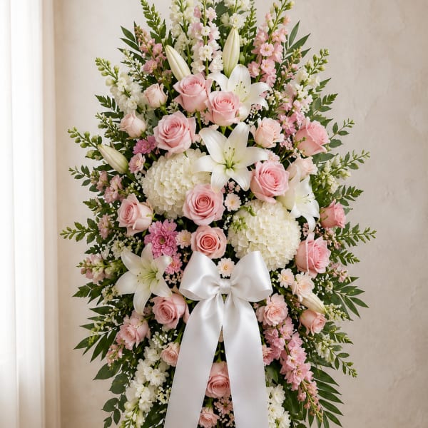 Standing floral spray with pink roses, white lilies, and a white ribbon bow