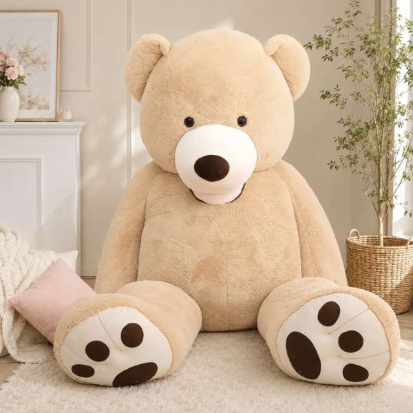 Large beige teddy bear plush sitting in a room with a woven basket plant.