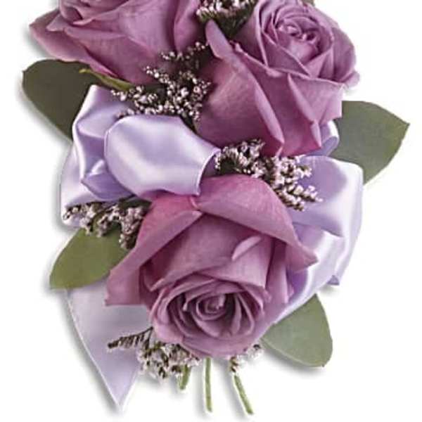 Lavender rose bouquet with satin ribbon and small filler flowers