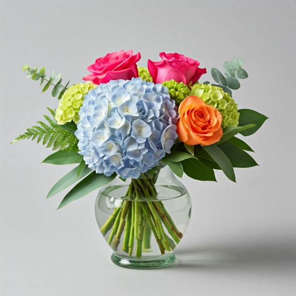 Bouquet of pink and orange roses with blue hydrangea in a glass vase