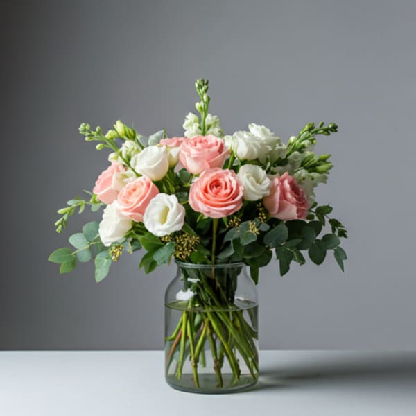 Pink and white roses in a clear glass vase