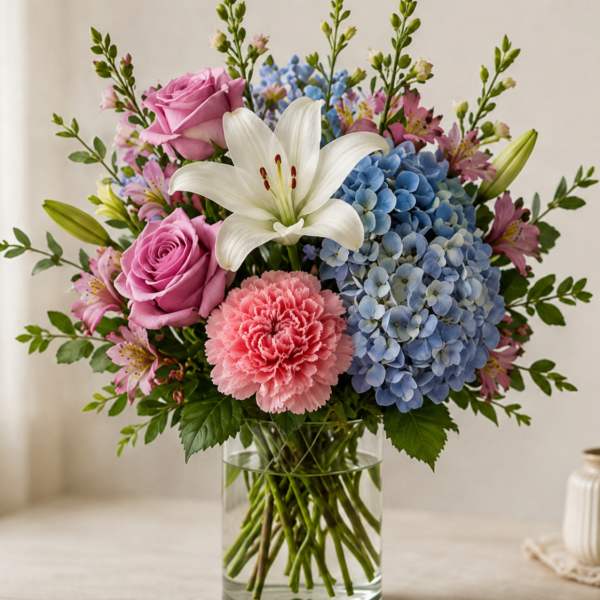 Bouquet of pink roses, blue hydrangeas, white lily, and pink carnations in a glass vase