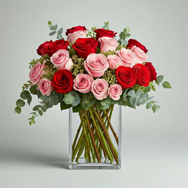 Bouquet of red and pink roses in a clear glass vase