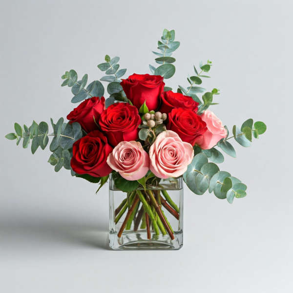 Red and pink roses arranged in a clear glass vase with eucalyptus