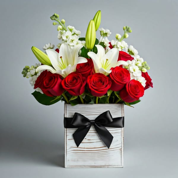Red roses and white lilies in a white wooden box with a black ribbon
