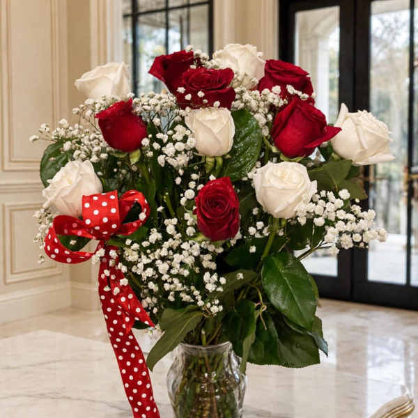 Red and white roses in a clear glass vase with a red polka-dot ribbon