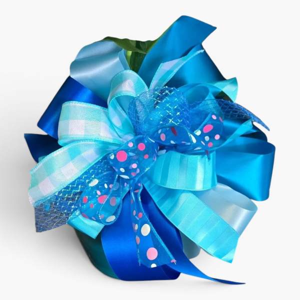 Blue ribbon bow with a small green accent
