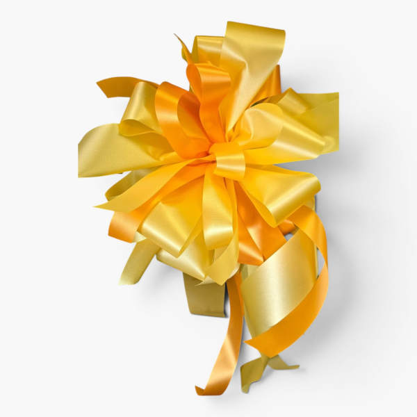 Large gold and orange ribbon bow on a white background