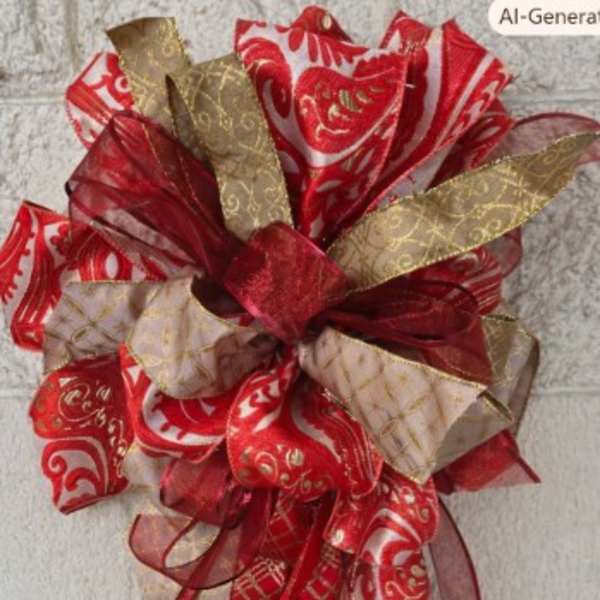 Decorative red, gold, and cream ribbon bow