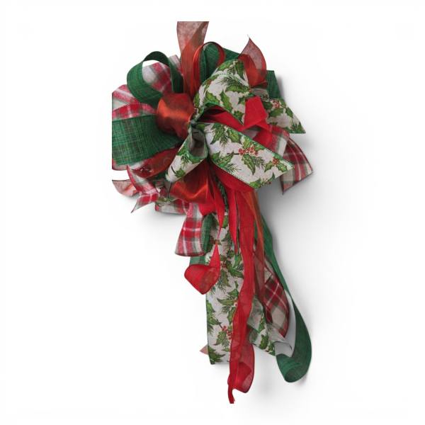 Christmas ribbon bow with red, green, and plaid streamers