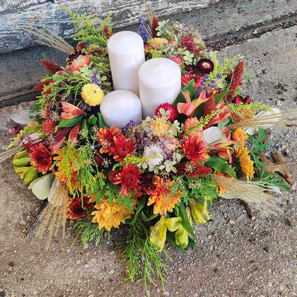 Harvest Arrangement with a Trio of Candles