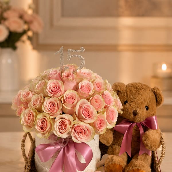 Blush Rose Teddy Birthday Basket