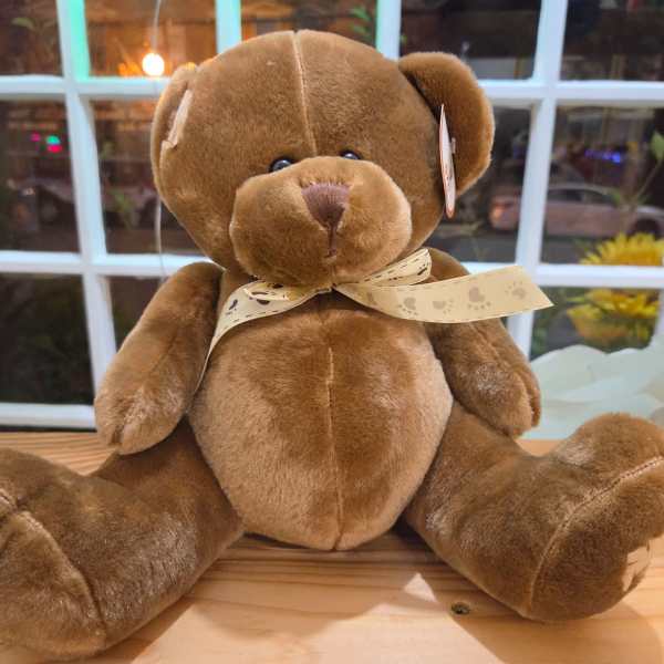 Brown teddy bear with a ribbon sitting on a wooden surface
