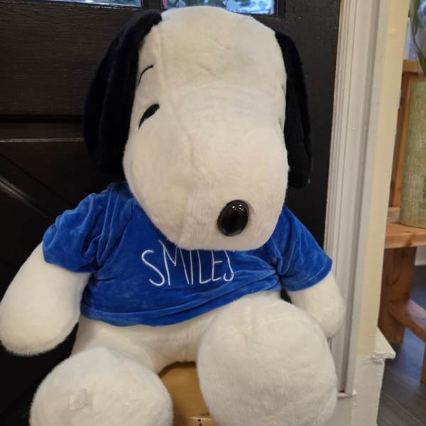 Large Snoopy plush toy wearing a blue shirt that says SMILES