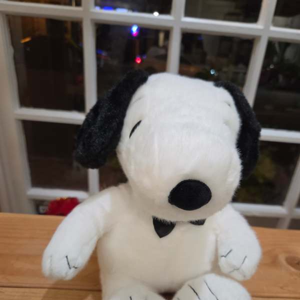 Plush Snoopy stuffed animal sitting on a wooden surface