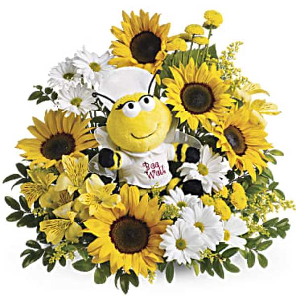 Sunflower and daisy arrangement with a plush bee centerpiece