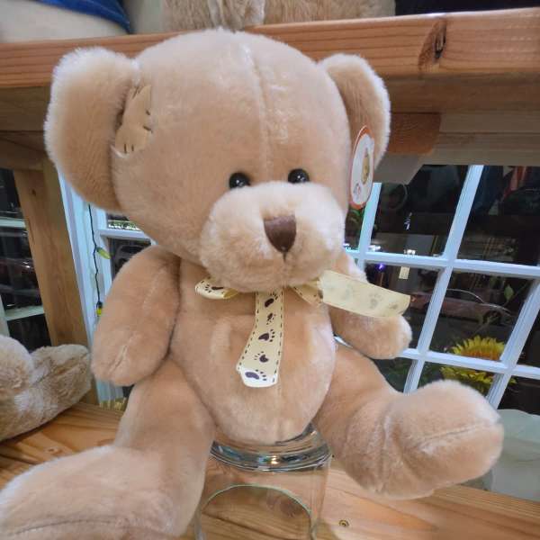 Plush teddy bear with a ribbon bow sitting in a glass jar