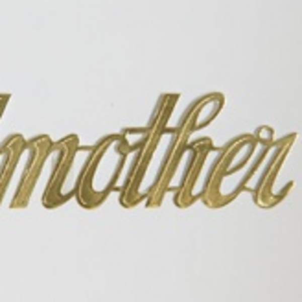 Gold script word "Godmother" on a white background