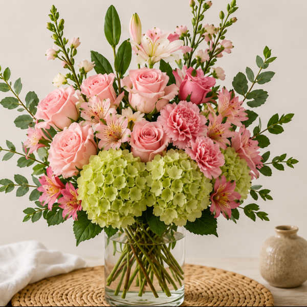 Pink roses and carnations with green hydrangeas in a glass vase